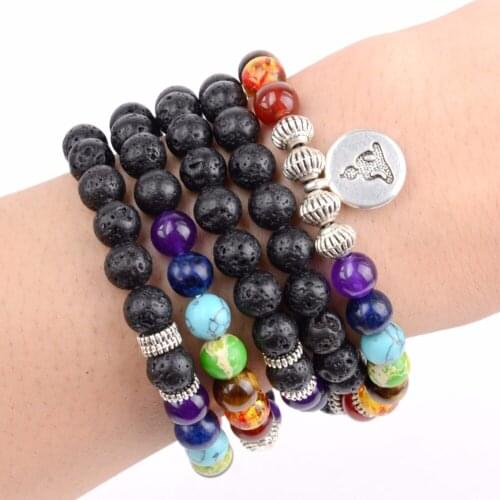 108pcs Mala Beads 7 Chakra Healing Bracelet Natural Black Lava Buddha Charm Bracelets For Women Men Meditation Jewelry Dropship