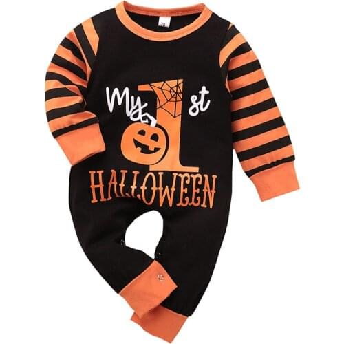 Baby Halloween Romper Baby Girl Boy Black Long Sleeve Cute Cotton Pumpkin Stripe Cosplay Costume Infant First Halloween Jumpsuit