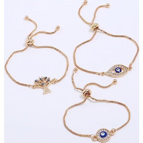 Fashion Gold Crystal Tree of Life Statement Bohemian Adjustable Bracelets for Women Girls Blue Eye-Shaped Fashion Jewelry