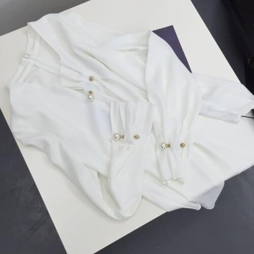 2020a w autumn new arrival beautiful pearl button satin texture shirt 20100