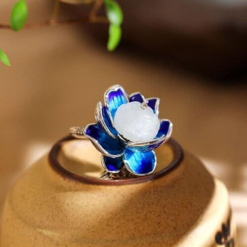 New silver original jewelry handmade female models atmospheric exaggeration Hetian Chalcedony blue lotus open ring