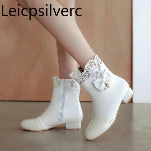 Autumn And Winter The New Round head Lace butterfly Knot pearl Thick heel Low-heeled Short tube Womens Boots plus size 31-43