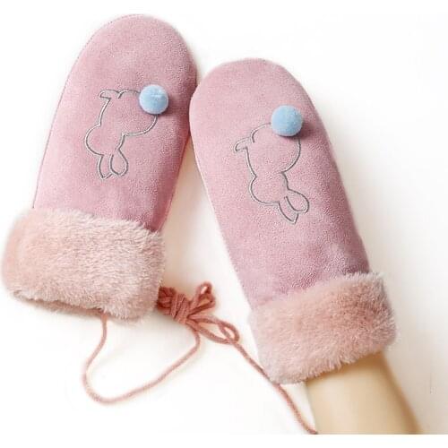 Boy/Girls Outdoor Sports Ski Mittens Winter Warm Thick Cashmere Suede Leather Gloves Childrens Lovely Cartoon Pattern Glove 15C