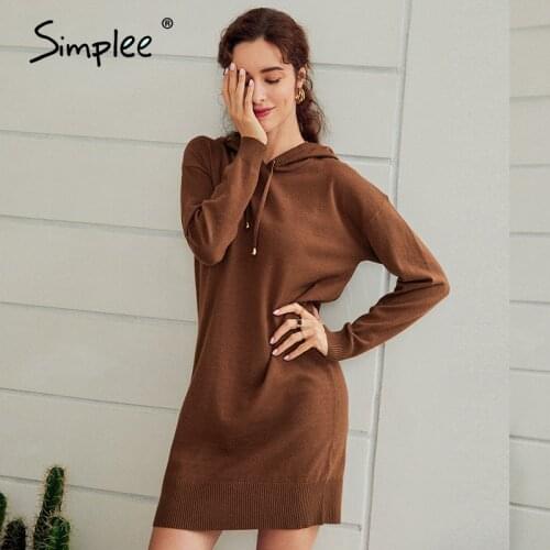 Simplee winter 2020 hooded sweater dresses women short knitwear autumn basic dress solid casual knitted sweater dress vestidos