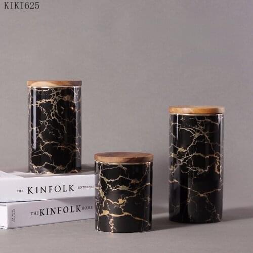 Gilded Marbled Ceramic Storage Jar with Wooden Lid Cylindrical Kitchen Storage Bottle Household Candy Food Sealed Jar Home Decor