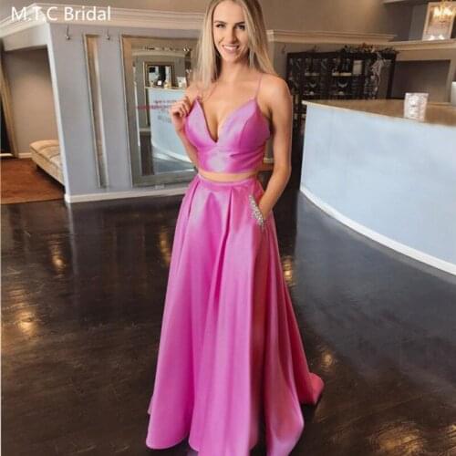 Hot Pink Two Pieces Prom Dresses Crystals Pockets Sweetheart Spaghetti Straps Satin Backless Sexy Long Wedding Guest Dress