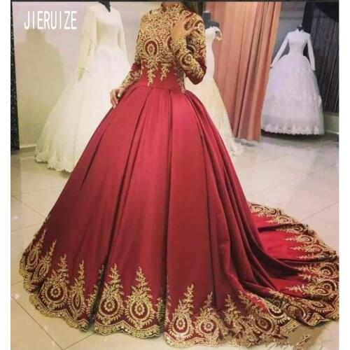 JIERUIZE Modern Burgundy Muslim Wedding Dresses Long Sleeve High Neck Gold Lace Appliques Bridal Gowns Arabic Vestido De Noiva