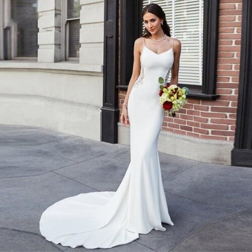 Modern Slim Mermaid Lace Bridal Wedding Dresses V Neckline Spaghetti Straps Open Back Wedding Gowns for Bride 2021 On Sale