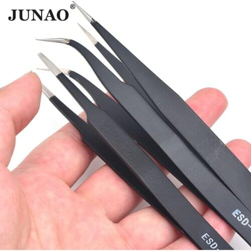 JUNAO Top Quality Black Tweezers Bend+Straight With Cap New Tool Stainless Steel Anti-Static Metal Tweezers Accessories Tools