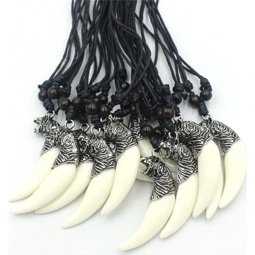 Jewelry Wholesale 12 pcs Punk Tiger Head Teeth Pendants Necklaces Alloy Leopard Head Charms Beads Sweater Chain Rope XL115