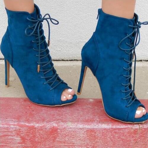 Carpaton Hot Selling Lace Up Peep Toe Stiletto Booties Woman High Heel Ankle Boots Sexy Thin Heels Gladiator Shoes