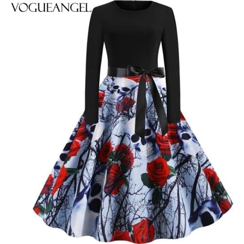 Rose Skull Print Pumpkin Party Dress Halloween Long Sleeve O-Neck Vestido Feminino Plus Size Dresses Maxi Dresses for Women 2XL