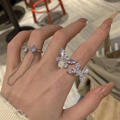Aesthetic Luxury Butterfly Crystal Ring Fashion Bride Wedding Accessories Adjustable Jewelry for Women Valentines Day Gift 2021