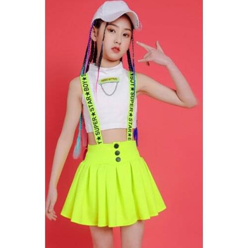 2021 Jazz Dance Costumes Fluorescent Green Skirt Summer Tops Girls Cheerlead Hip Hop Clothes Kids Stage Wear Rave Clothes BL5853