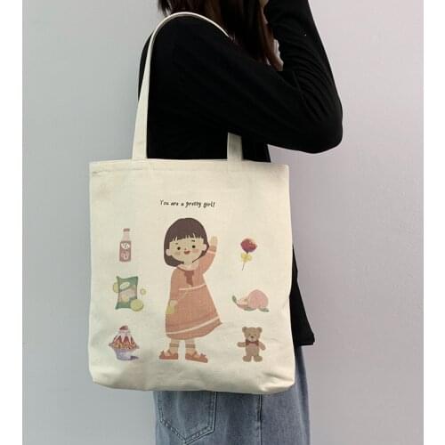 2021 Kawai Cute Girl Womens Canvas Tote Bag Cotton Cloth Shoppers Fabric Casual Shoulder Shopping Bag Handbags Shopper Bags