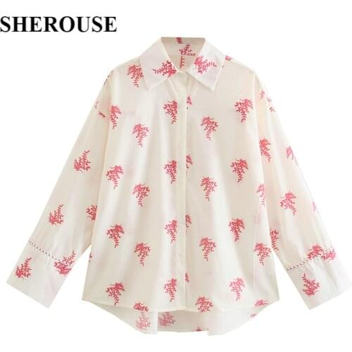 2021 Women Fashion Printed Single Breasted Shirt Lapel Neck Long Sleeves Vintage Female Blouse Chic Tops haut femme