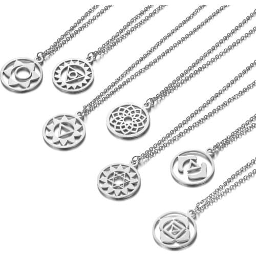 7pcs/lot Stainless Steel Hollow Out Whole 7 Chakra Meditation Charms Pendants Necklaces For Women Jewelry Gift 40cm