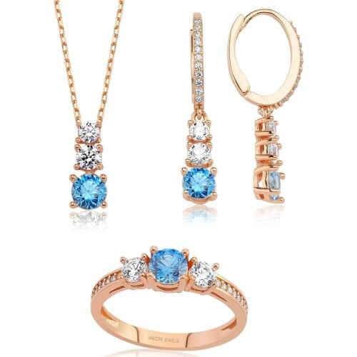 Valori Jewels 3.18 Carat, Zirconia Fancy Blue And White Round Gemstone, Rose Gold Plated, Sterling Silver Three Stone Trio Set