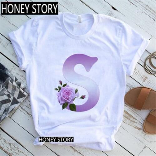 Custom Name Rose Letter Combination Printed Womens T-shirt Flower Purple 26 English Letter Font A B C D E Tshirt,Drop Ship