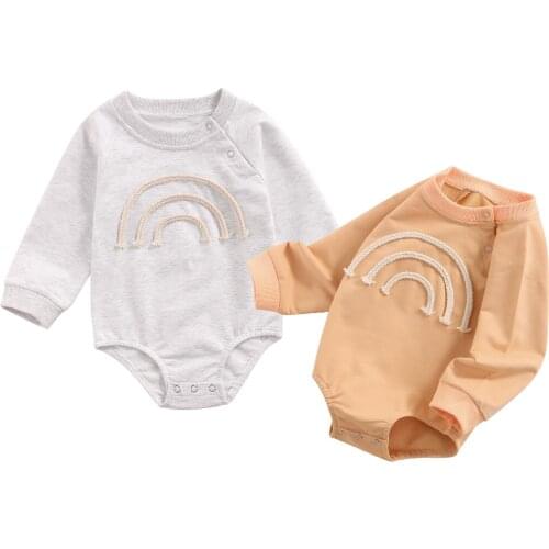 Infant Baby Girls Boys Rainbow Pattern Romper, Round Collar Long Sleeve Jumpsuits, Light Grey/ Khaki