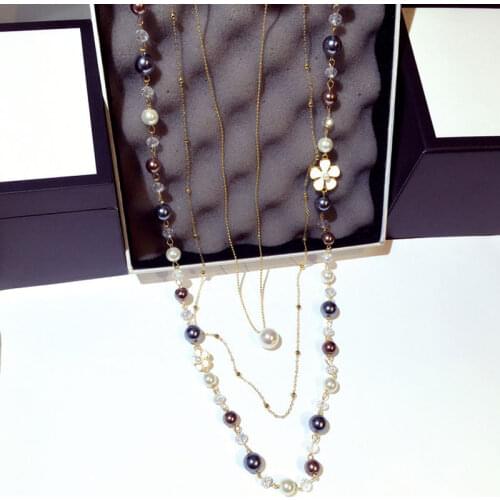 Fashion Three-layer Long pearl flower temperament sweater chain long Camellia Woman jewelry