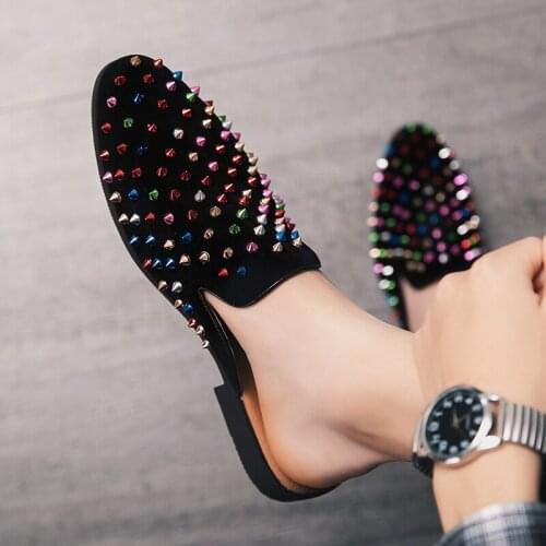 Fashion Spiked Rivets Loafers Mens Casual Shoes Punk Slippers Party Dress Shoes Flat Slip On Half Shoes For Men Big Size 38-47