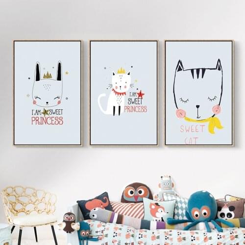 Cute Bunny Rabbit Princess Crown Sweet Cat Wall Art Canvas Painting Nordic Posters And Prints Wall Pictures Baby Kids Room Decor