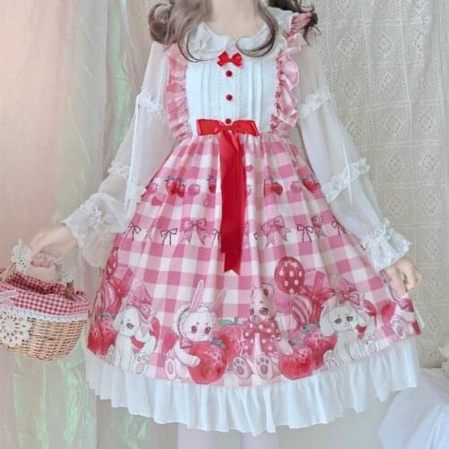 Japanese Lolita Dress Bear Strawberry Cake Print Jsk Suspender Dress Vintage Kawaii Victorian Dress Sweet Gothic Lolita Loli