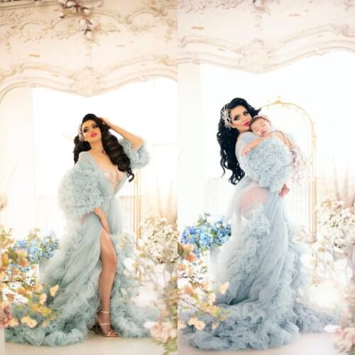 Pregnant Women Photograph Dresses Tiered Ruffles Long Sleeve Tulle Robe Gown Bathrobe Sleep Nightdress For Wedding Party