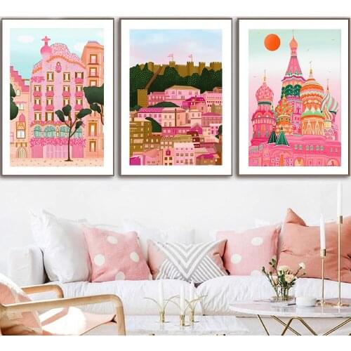 Italy Positano Travel Pisa Lisbon Barcelons Poster Pink Moscow Print Canvas Wall Art Painting Nordic Home Decoration Picture