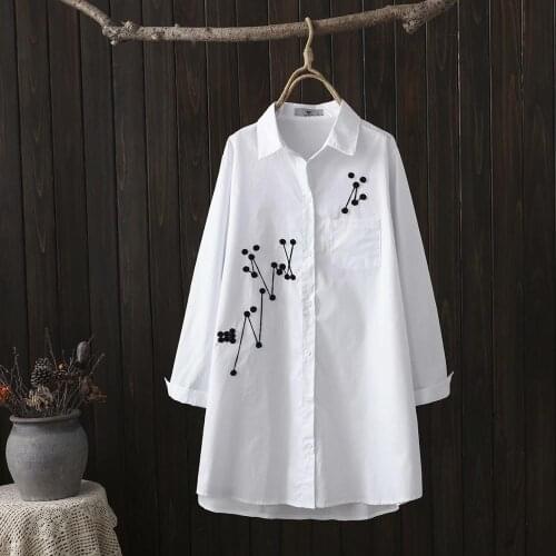 Plus size Simple embroidery women A line white cotton long sleeve shirts 2021 new spring casual ladies tops blouse female