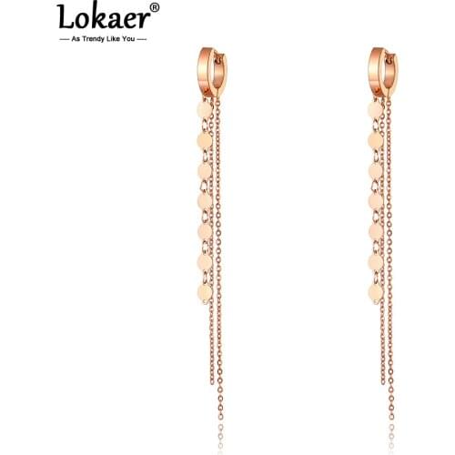 Lokaer Trendy Titanium Steel Bohemia Tassel Long Earrings Jewelry Rose Gold Office/Career Hoop Earrings For Women Girls E20288