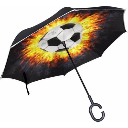 Burning Soccer Windproof Folding Double Layer Sun Men Rain Inverted Umbrella Reverse Umbrella Self Stand C-Hook Hand for Car