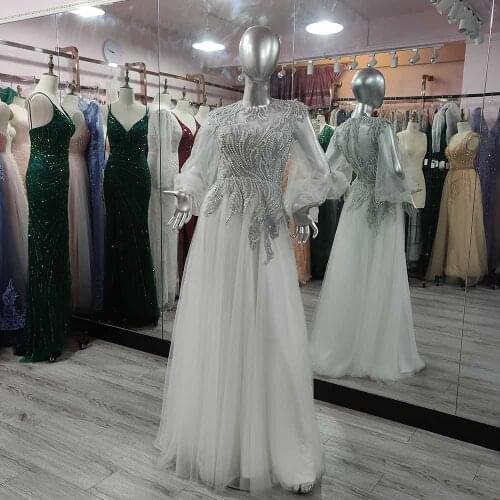 YQLNNE Elegant White Tulle Evening Dresses Puffy Long Sleeve O Neck Embroidered Beaded Women Party Gown