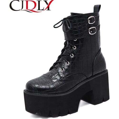 CJDLY Fall Shoes Women Ankle Boots Stone Pattern Lace Up Block Heel Platform Boots Black Ankle Buckle Zipper Great Quality