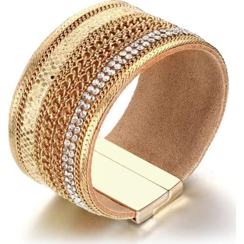 2019 New Arrival Fashion Beautiful Jewelry PU Leather Alloy Bracelet Magnetic Buckle Wristband Bling Rhinestones Women Bangle