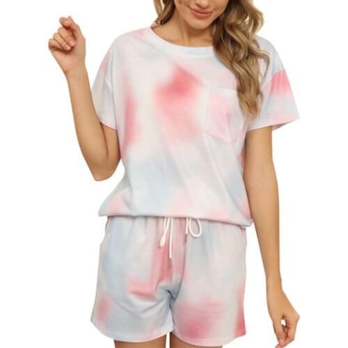 Womens Tie-dye Printed Pajamas Set Cotton Casual Set Short-sleeved Top And Shorts 2-piece Pajama Set