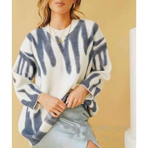 Womens Autumn Winter 2021 New Solid Color Jumpers Printed Round Neck Knitted Sweater Loose Basic Oversize Outerwear Coat Female