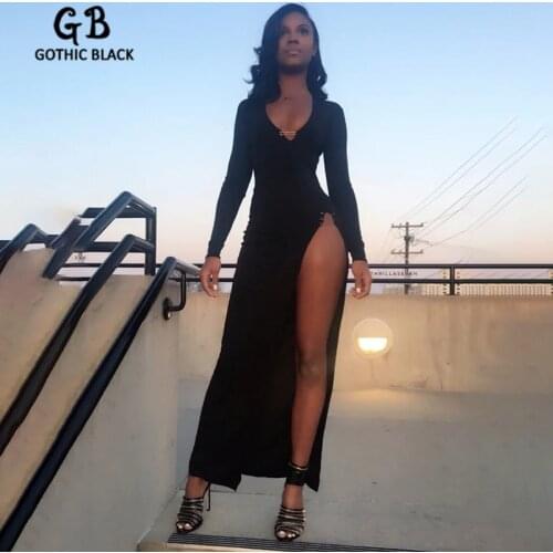Gothblack Sexy V Neck Long Sleeve Side Split Solid Dress For Women Pin Buckles Slim Stylish Autumn Dress Female Party Streetwear