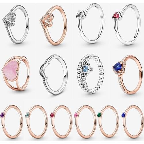 14 Style Women 925 Sterling Silver Rings With Sparkling Wishbone Heart Crown Blue Crystal Ring For Women Jewelry