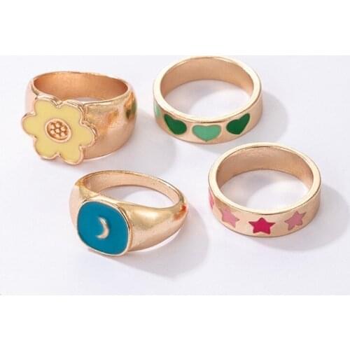 667E Colorful Heart Finger Rings Alloy Flower Star Moon Rings Set for Women Cute Love Heart Rings Wedding Love Promise Ring