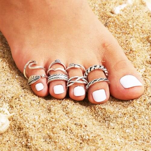 9PCS/Set Ring 2021 Women High Quality Unique Adjustable Opening Finger Ring Retro Carved Toe Ring Foot Beach Foot Jewelry