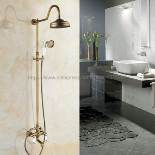 Antique Brass Wall Mounted 8" Rainfall Shower Mixer Set Double Handles Bath Shower Faucet Swivel Tub Spout Nan805