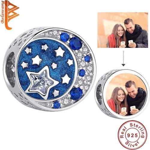 BELAWANG Wholesale 925 Sterling Silver with CZ Blue Star & Moon Beads Fit Original Bracelets Customize Photo Women DIY Jewelry