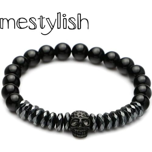 Mestylish Titanium Steel Skull Bracelet Crown Bracelet Nature Stone Black Onyx Beads Jewelry Pulseira Fit Men Women Gift