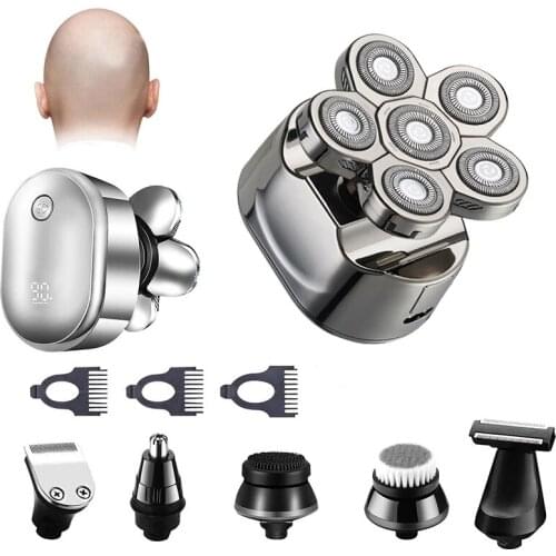 6 in1 Bald Head Shaver Five Floating Heads Razors Hair Clipper Nose Ear Trimmer Men Facial Cleaning Brush LED Display Shavers