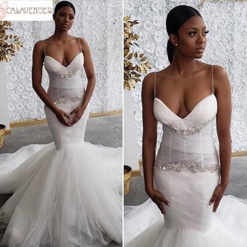 Black Girls Mermaid Wedding Dresses With Spaghetti Exposed Boning African Plus Size Bridal Gowns Boho Crystals robe de mariee