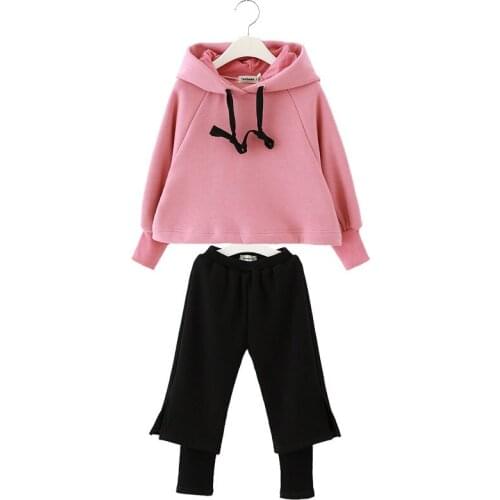 Childrens Suit Winter 2-piece Girl Matching Set Youth Clothes Casual Baby Toddler Clothes Hoodie + Trousers For Kids Short Pink
