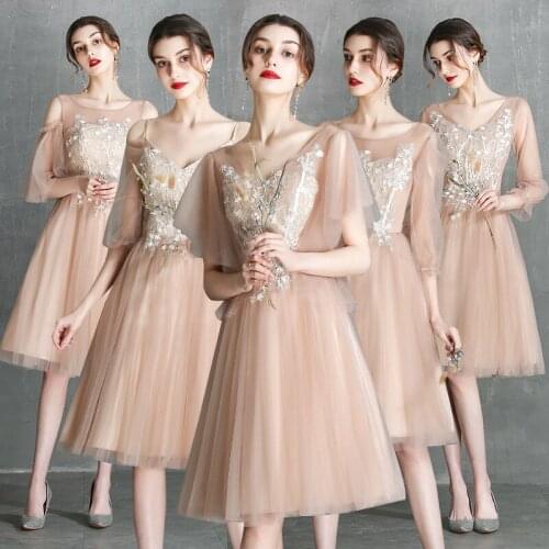 Bridesmaids Dresses Illusion Half V-Neck Off The Shoulder Embroidery Appliques A-Line Lace Tulle Women Wedding Party Gown E329