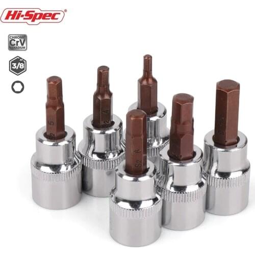 Hi-Spec 6pc 3/8 Hex Bit Socket Set S2 Spline Bit H3-H8 Adapter Allen Key Universal Head for Torque Spanner Ratchet Socket Wrench
